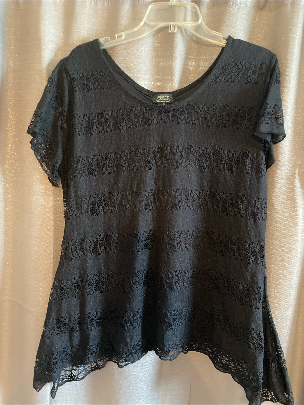 S.L. Fashions Black Lace Short Sleeve V-Neck Tee
